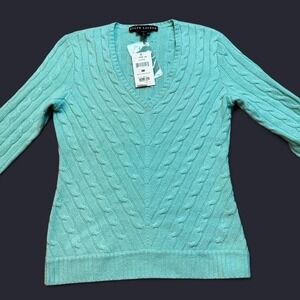 Ralph‎ Lauren Black Label Cashmere V Neck Sweater Womens Medium Cable Knit
